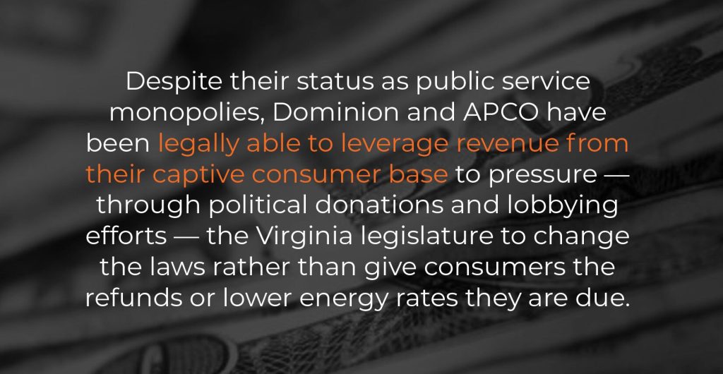 Despite their status as public service monopolies, Dominion and APCO have been legally able to leverage revenue from their captive consumer base to pressure (through political donations and lobbying efforts) the Virginia legislature to change the laws rather than give consumers the refunds or lower energy rates they are due.